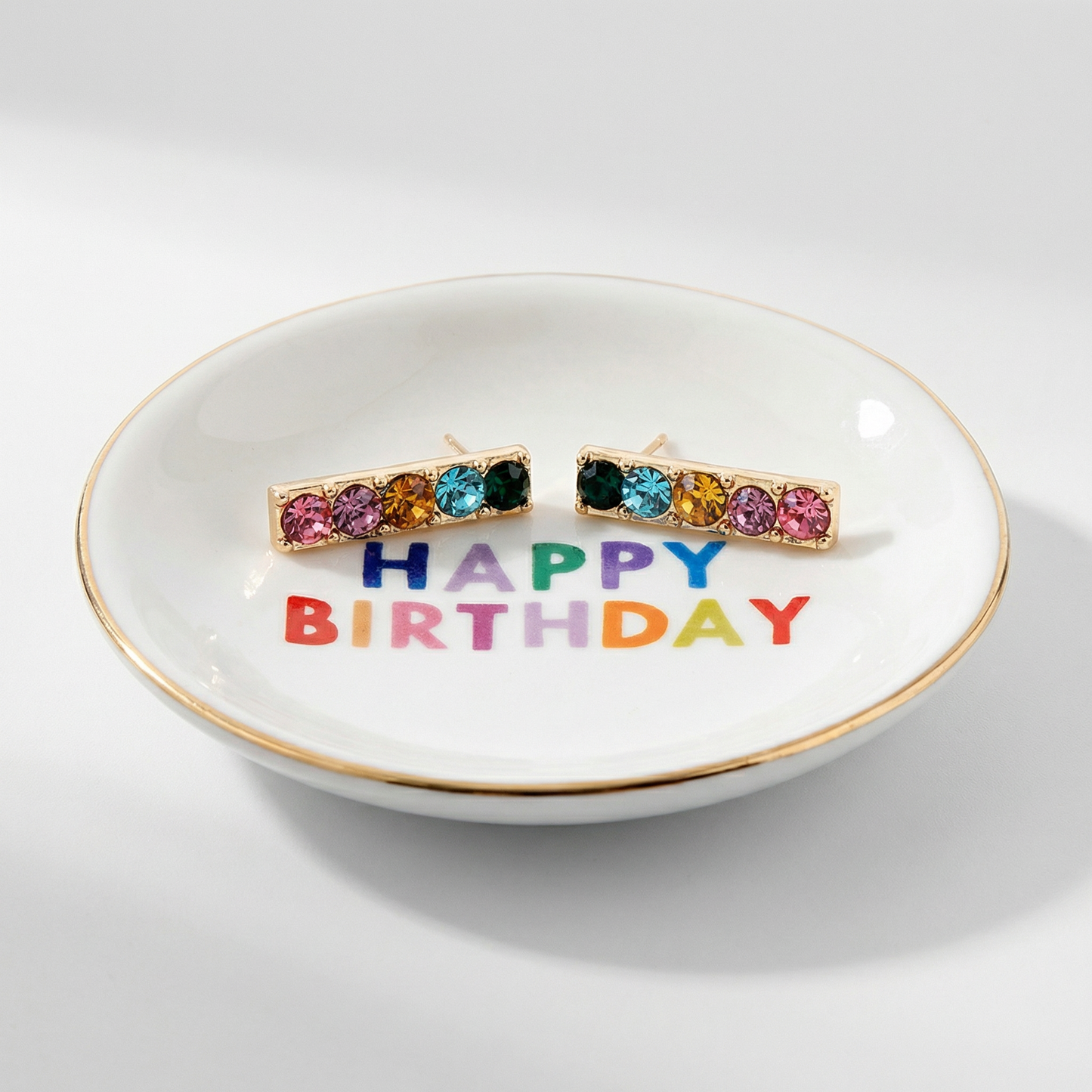 Happy Birthday Trinket Tray & Earring Set | Ceramic Dish Tray and Jewelry Gem Stones Earring Gift Set | Gift for Her