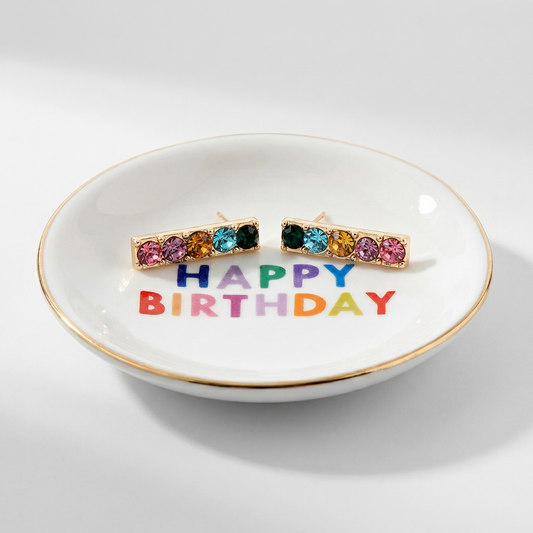 Happy Birthday Trinket Tray & Earring Set | Ceramic Dish Tray and Jewelry Gem Stones Earring Gift Set | Gift for Her