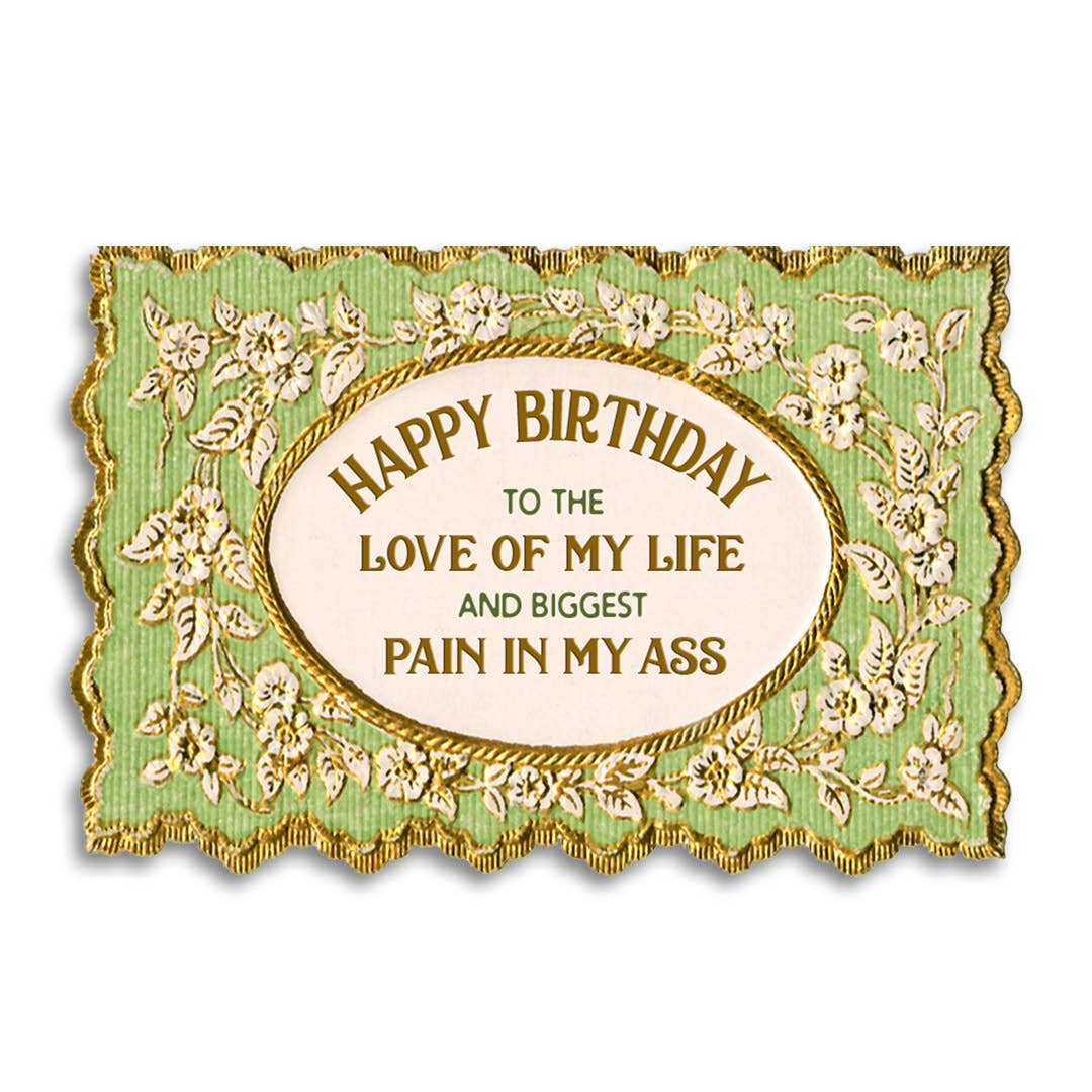 Birthday card with decorative border and humorous text on a green background