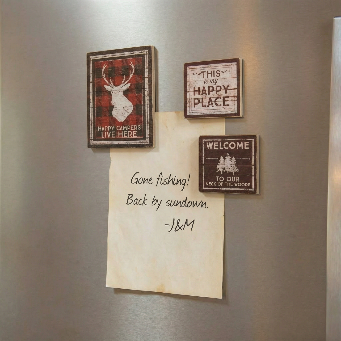 Happy Campers Live Here Magnet Set | 3 Woodsy Outdoors-Themed Magnets on a Metal Gift Backing