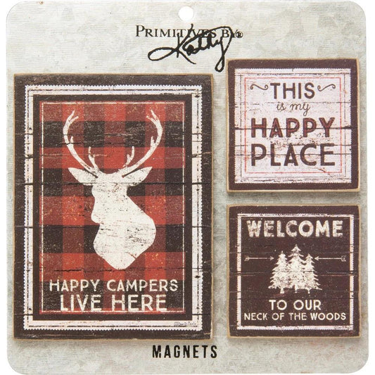 Happy Campers Live Here Magnet Set | 3 Woodsy Outdoors-Themed Magnets on a Metal Gift Backing