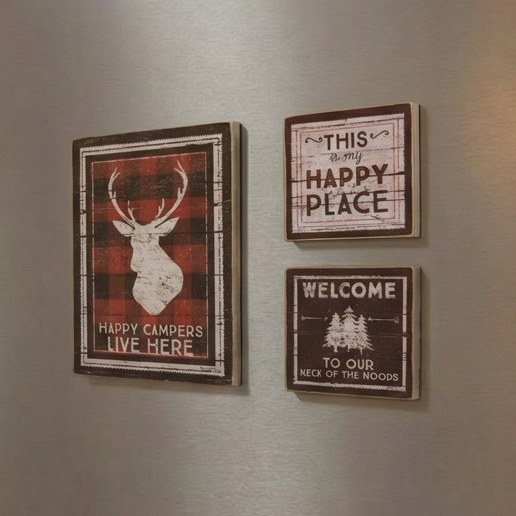 Happy Campers Live Here Magnet Set | 3 Woodsy Outdoors-Themed Magnets on a Metal Gift Backing