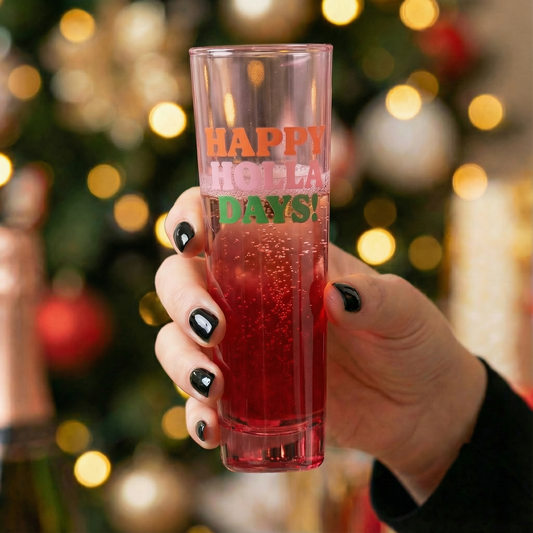 Happy Holla Days Flat Bottomed Champagne Glass in Tinted Pink and Red | Holiday Stemless Flute Glass