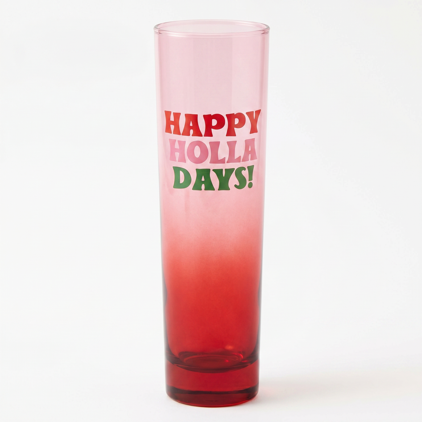 Happy Holla Days Flat Bottomed Champagne Glass in Tinted Pink and Red | Holiday Stemless Flute Glass