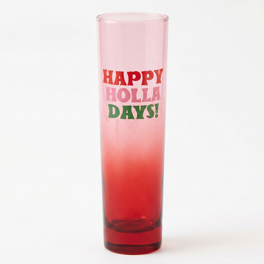 Happy Holla Days Flat Bottomed Champagne Glass in Tinted Pink and Red | Holiday Stemless Flute Glass-Slant-The Bullish Store