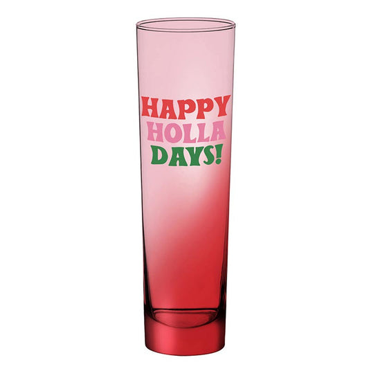 Happy Holla Days Flat Champagne Glass in Tinted Pink and Red | Holiday Stemless Flute Glass