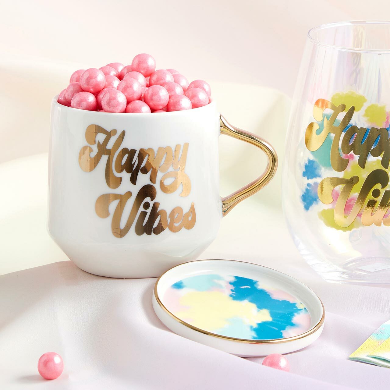 Happy Vibes Coaster Mug and Cocktail Napkin Bundle | Giftable Drinkware Set