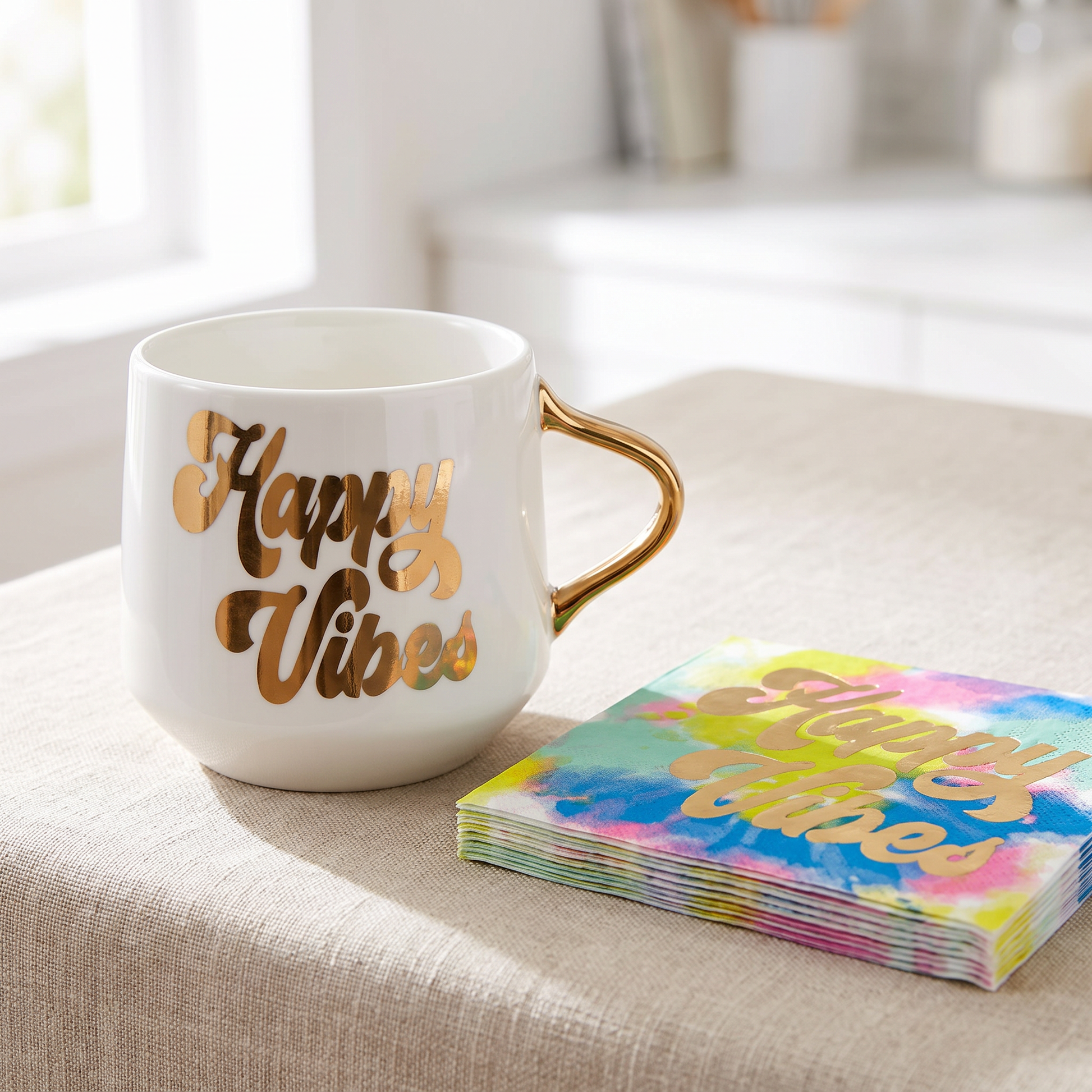 Happy Vibes Coaster Mug and Cocktail Napkin Bundle | Giftable Drinkware Set-Slant-The Bullish Store