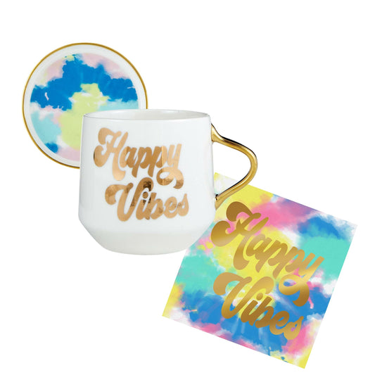 Happy Vibes Coaster Mug and Cocktail Napkin Bundle | Giftable Drinkware Set