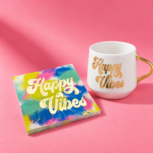 Happy Vibes Coaster Mug and Cocktail Napkin Bundle | Giftable Drinkware Set-Slant-The Bullish Store