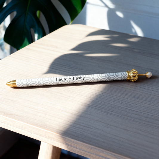 Haute & Flashy Silver Pattern Crown Pen | Giftable Quote Pens | Novelty Office Desk Supplies