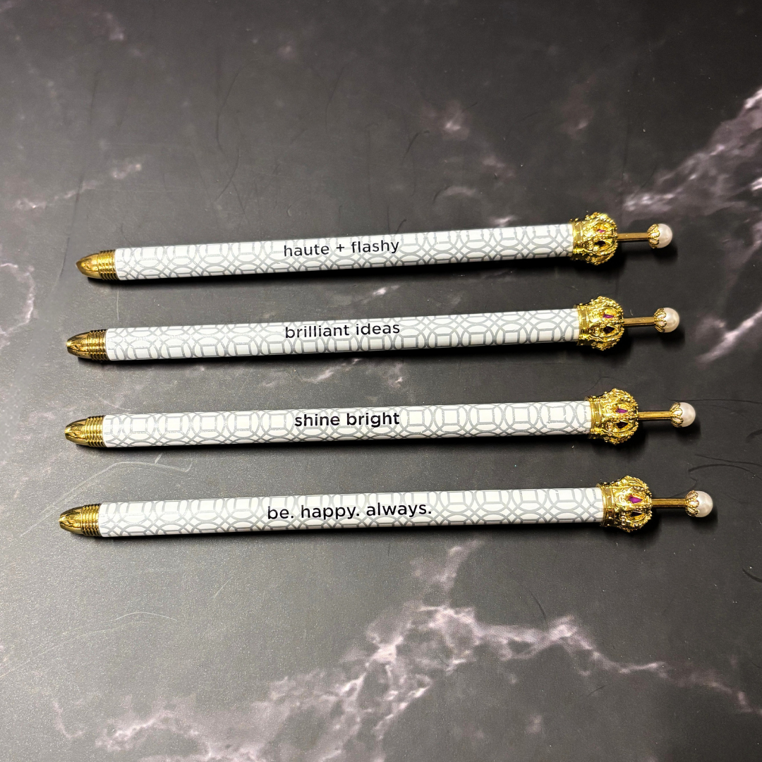 Haute & Flashy Silver Pattern Crown Pen Set of 12 | Giftable Quote Pens-Santa Barbara Design Studio-The Bullish Store