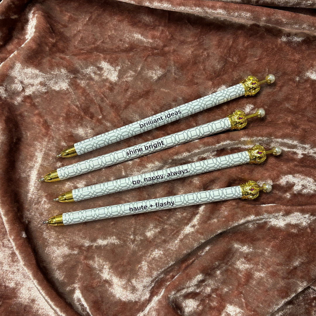 Haute & Flashy Silver Pattern Crown Pen Set of 12 | Giftable Quote Pens-Santa Barbara Design Studio-The Bullish Store