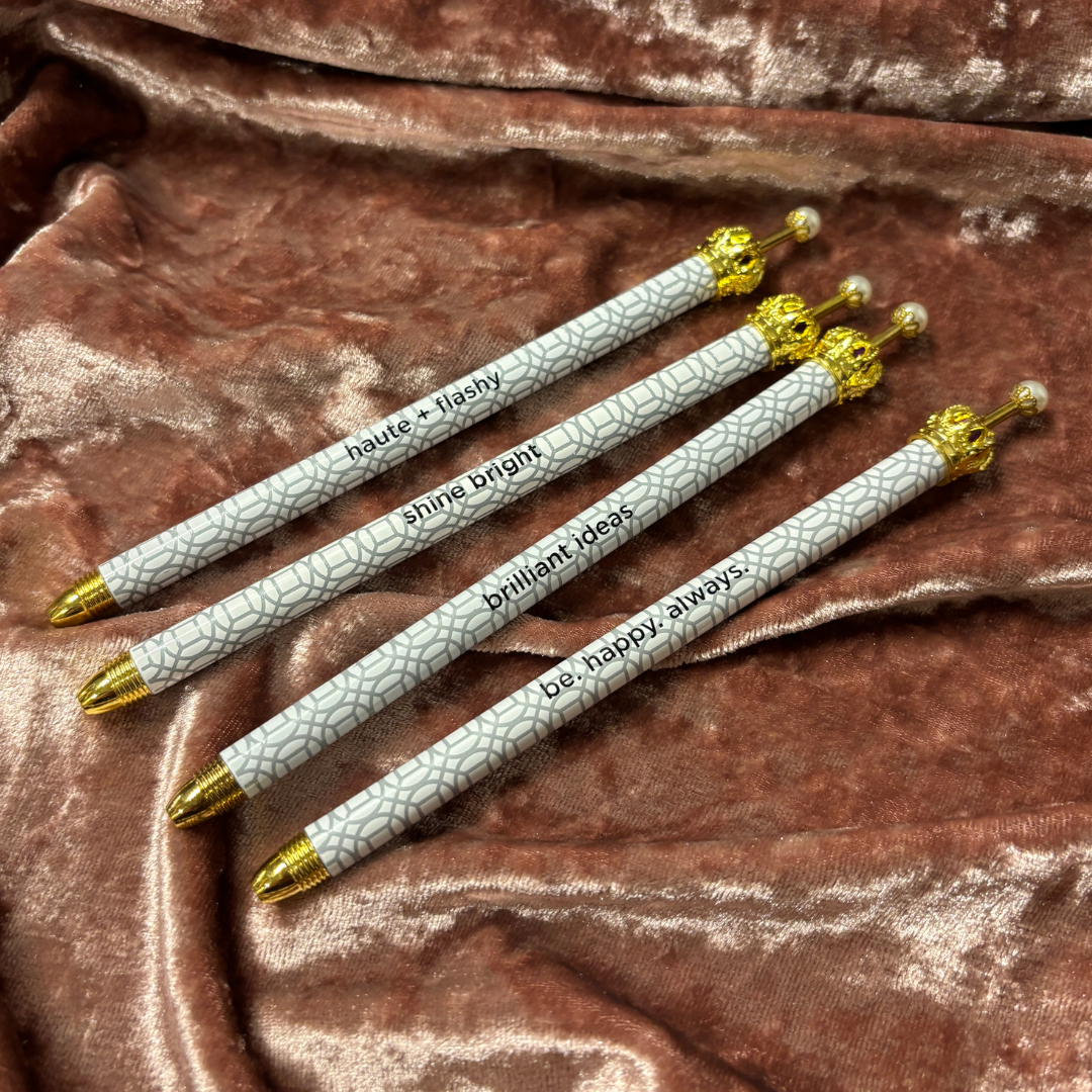 Haute & Flashy Silver Pattern Crown Pen Set of 12 | Giftable Quote Pens-Santa Barbara Design Studio-The Bullish Store