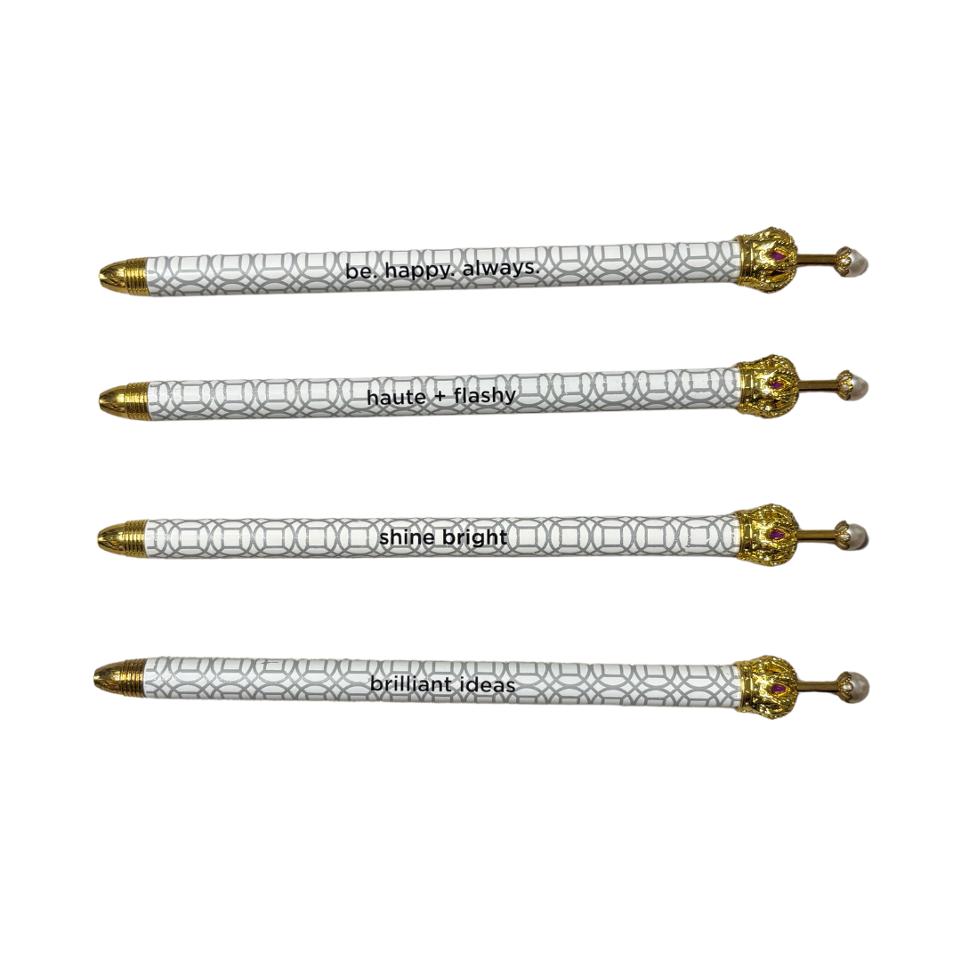 Haute & Flashy Silver Pattern Crown Pen Set of 12 | Giftable Quote Pens-Santa Barbara Design Studio-The Bullish Store