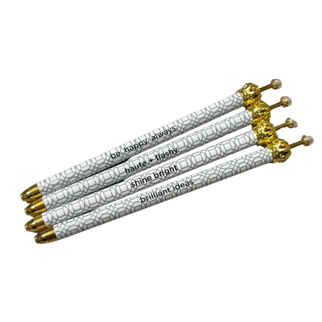 Haute & Flashy Silver Pattern Crown Pen Set of 12 | Giftable Quote Pens-Santa Barbara Design Studio-The Bullish Store