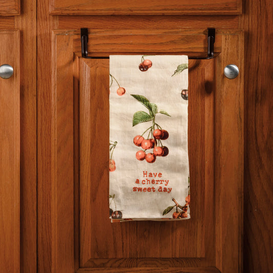 Have A Cherry Sweet Day Funny Dish Cloth Towel | Cotton and Linen | Embroidered Text | 18" x 28"