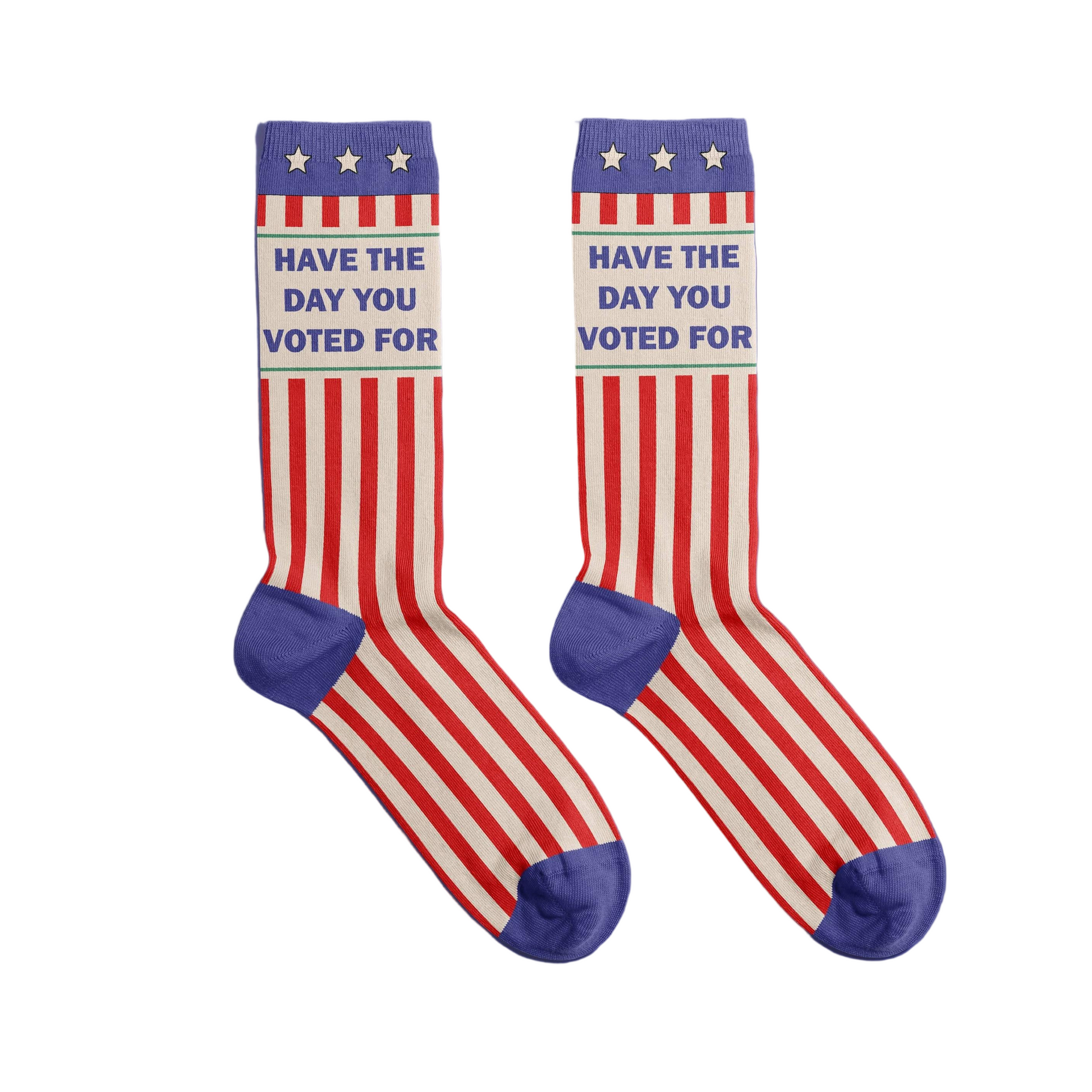 Red, white, and blue socks with text on a white background