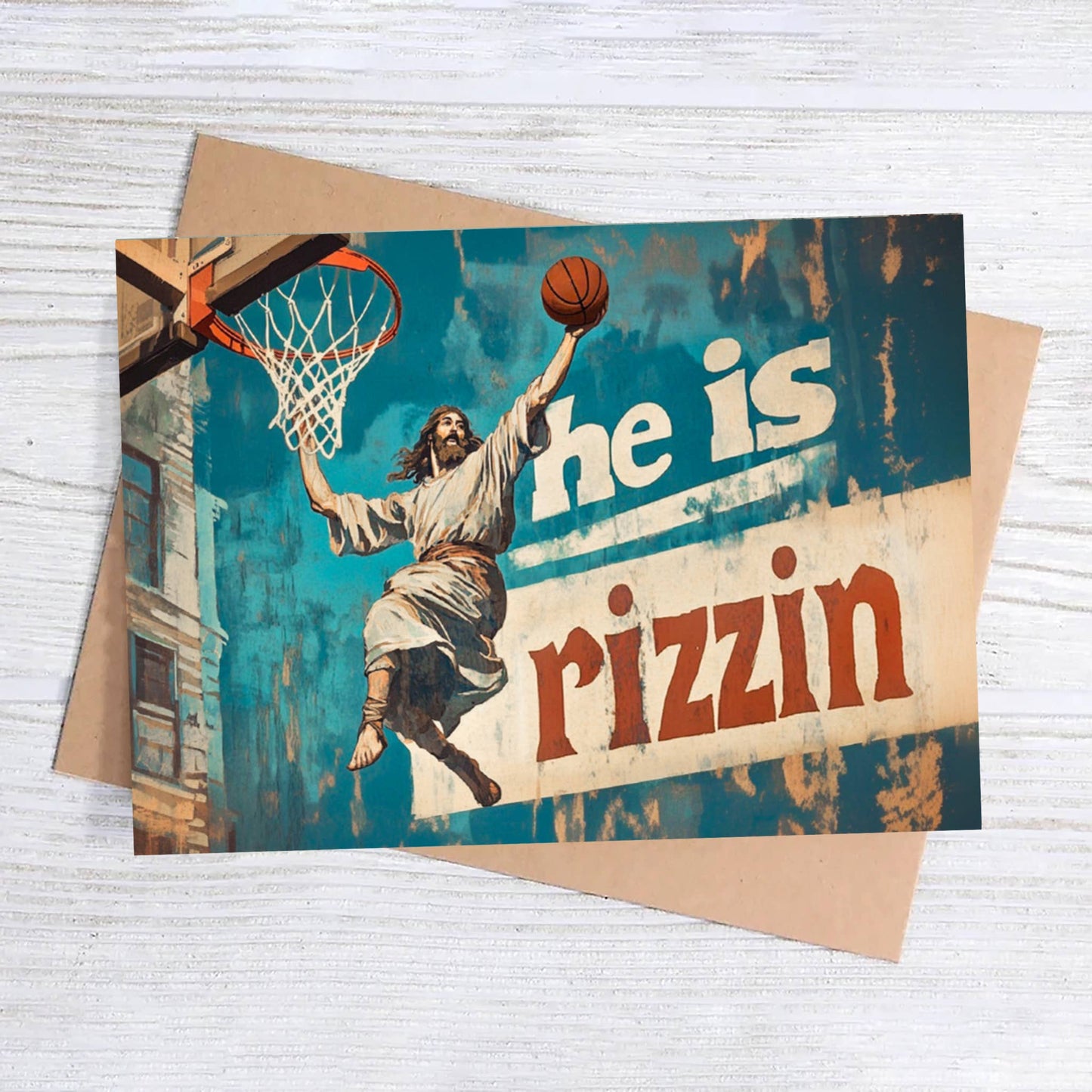 Card with a basketball-themed design featuring a character dunking a basketball, with text 'he is rizzin'.