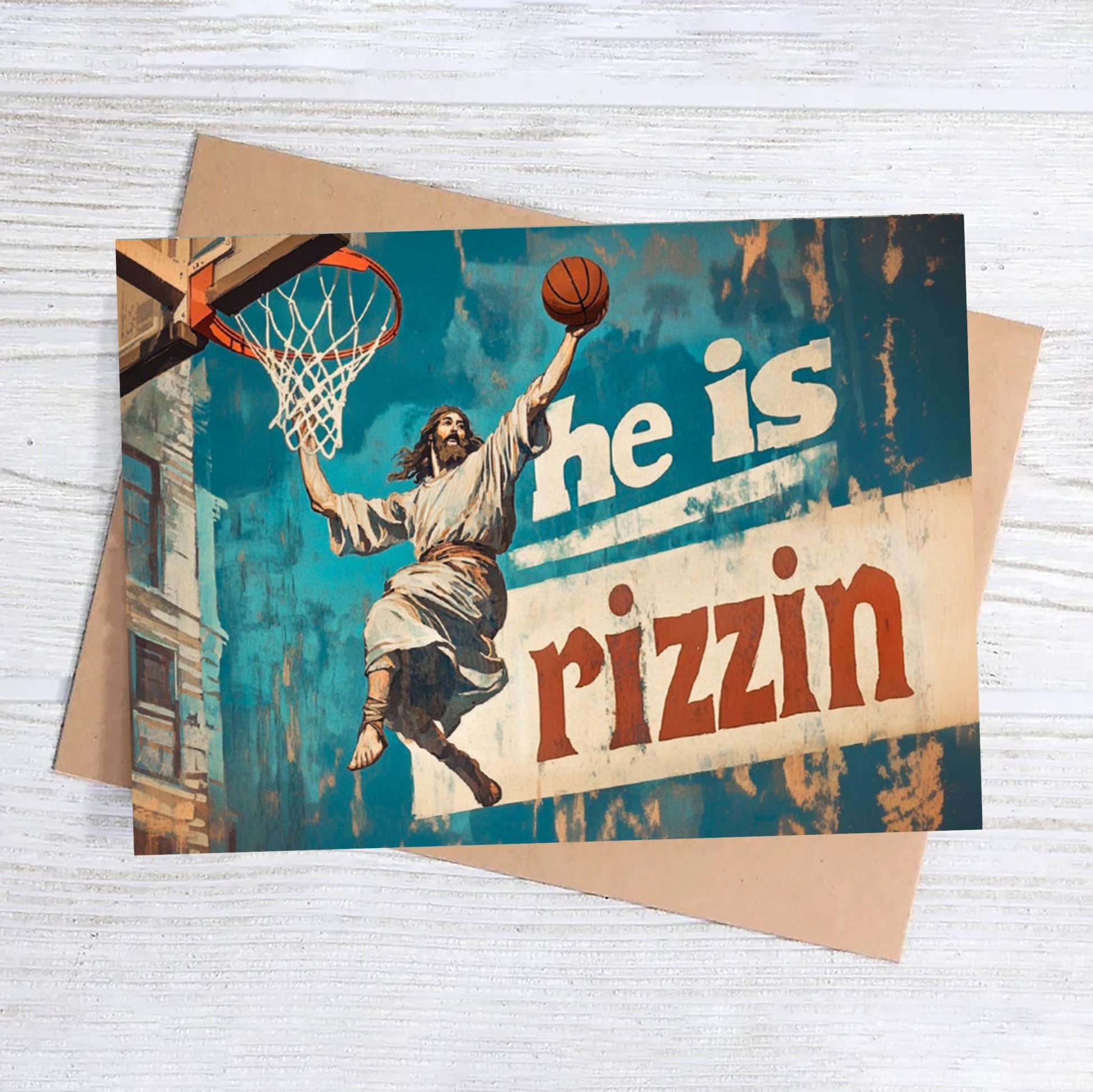 Card with a basketball-themed design featuring a character dunking a basketball, with text 'he is rizzin'.