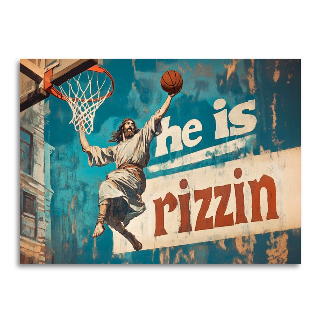 Vintage-style mural of a basketball player dunking a hoop with 'he is rizzin' text.