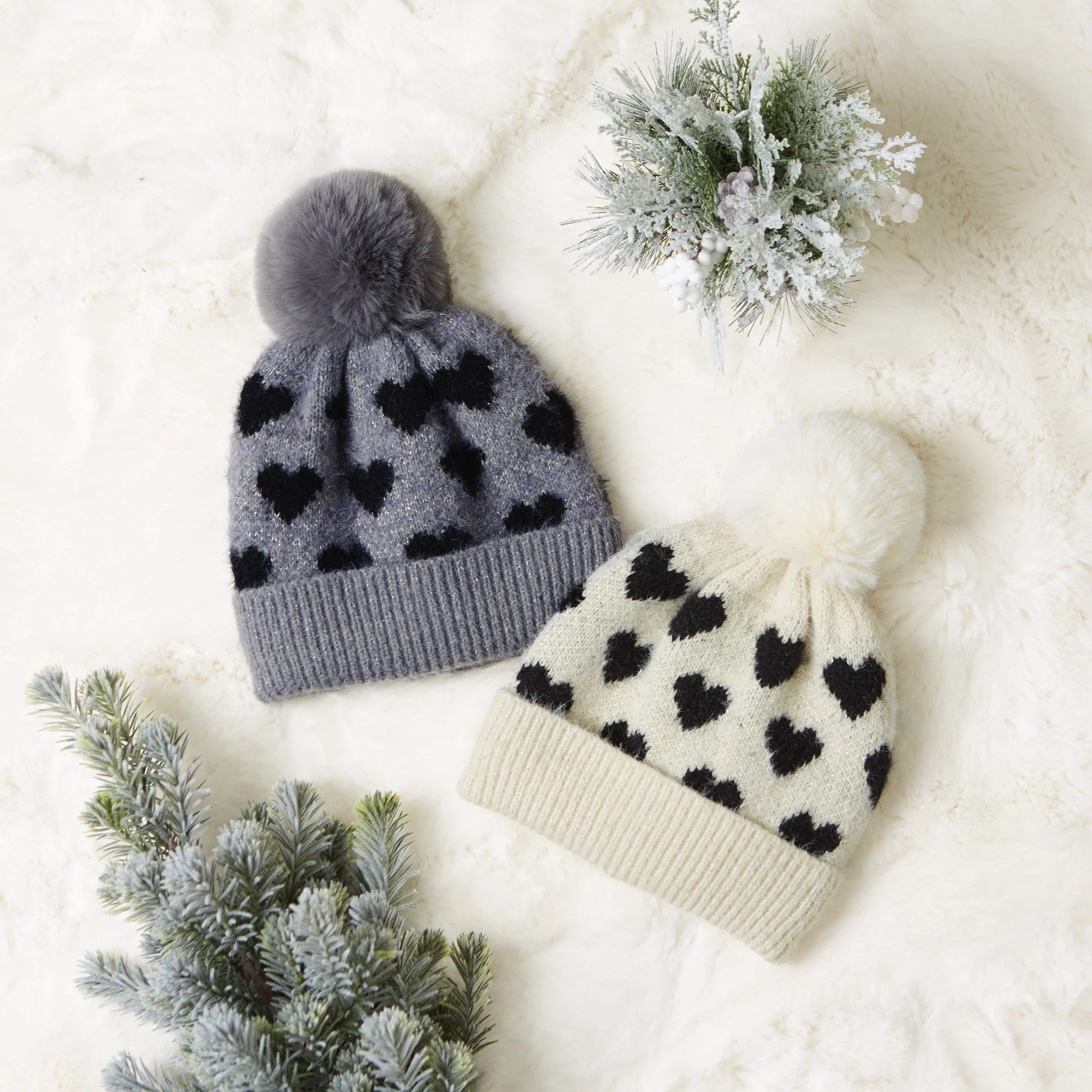 Heart Beanie Pom Pom Gray | Winter Shimmer Knit Hat | One Size Fits Most