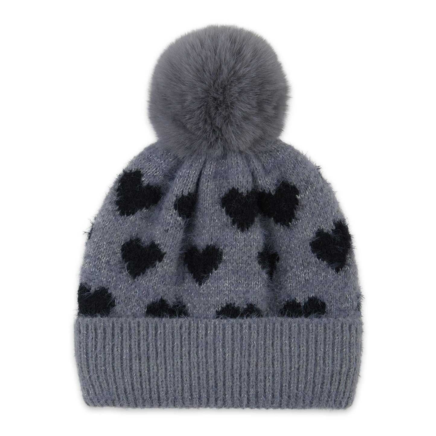 Heart Beanie Pom Pom Gray | Winter Shimmer Knit Hat | One Size Fits Most