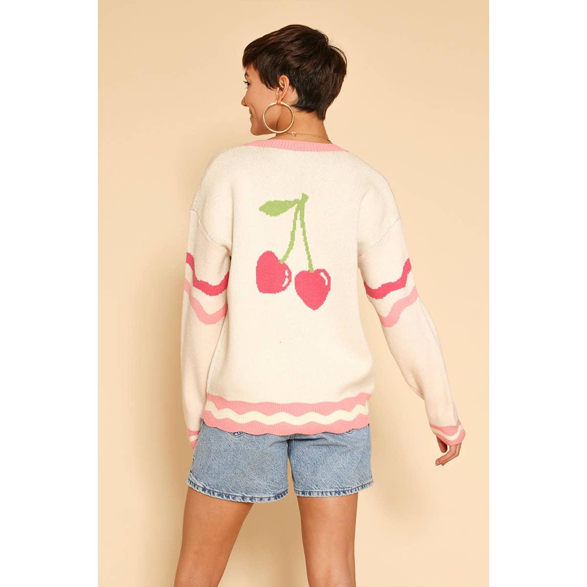 Heart Cherry Varsity Knit Cardigan in Cream and Pink [Available in S-XL]