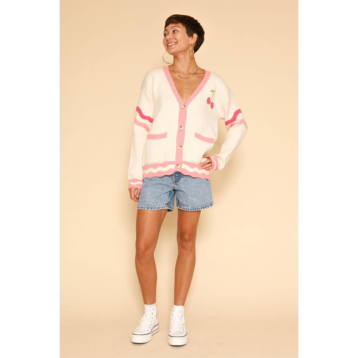 Heart Cherry Varsity Knit Cardigan in Cream and Pink [Available in S-XL]