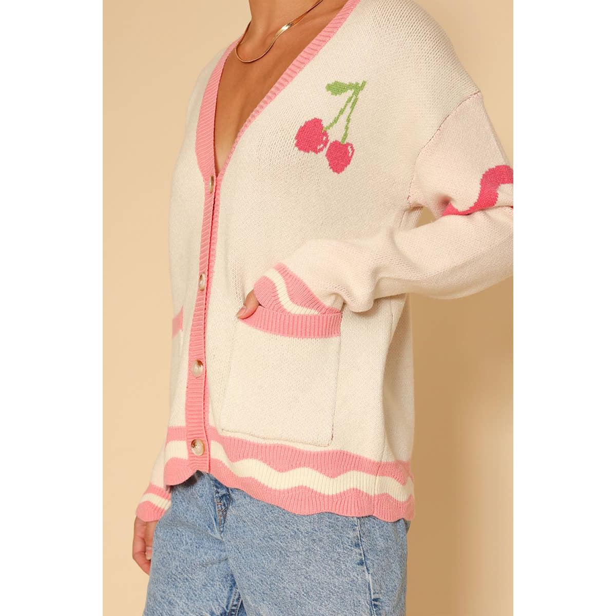 Heart Cherry Varsity Knit Cardigan in Cream and Pink [Available in S-XL]