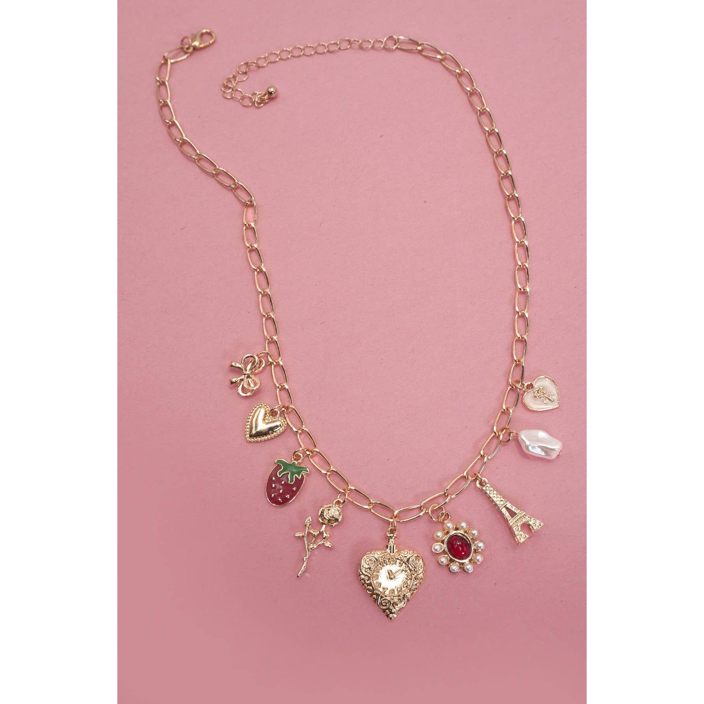 Heart Coquette Bow Rose Strawberry Eiffel Tower Charm Necklace in Gold Plating | 16" Long