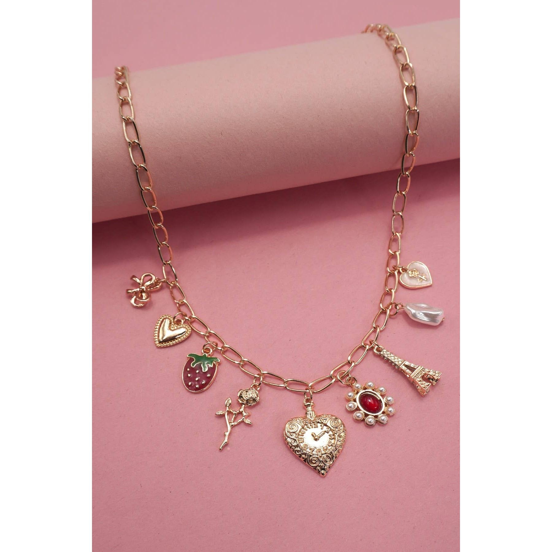 Heart Coquette Bow Rose Strawberry Eiffel Tower Charm Necklace in Gold Plating | 16" Long