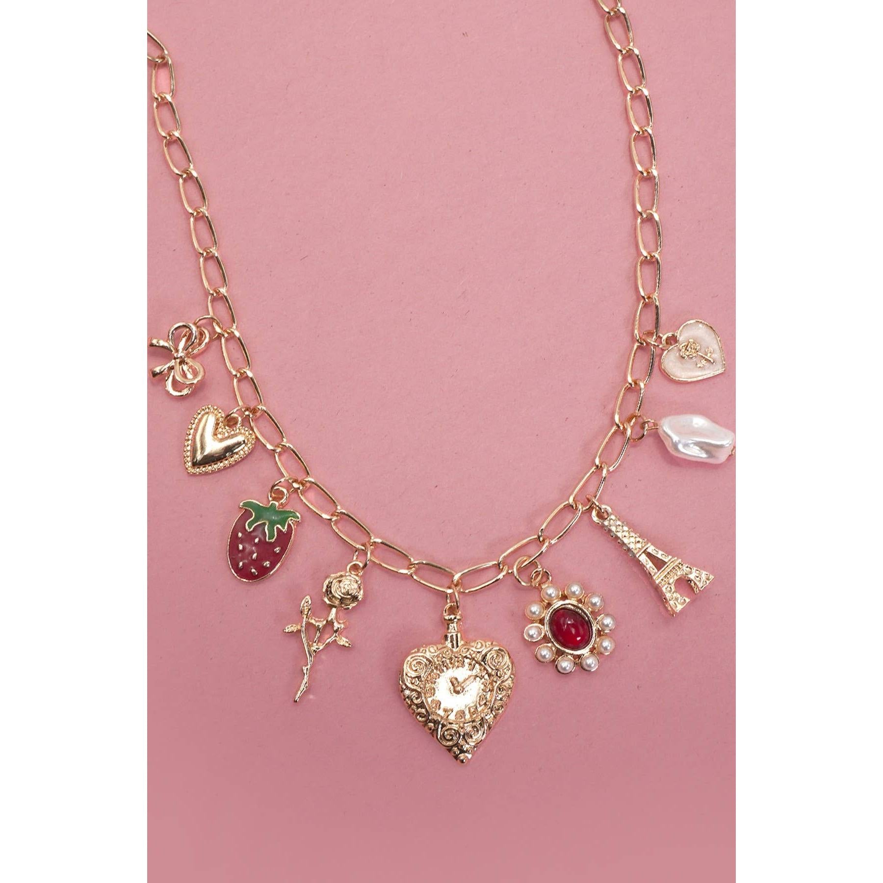 Heart Coquette Bow Rose Strawberry Eiffel Tower Charm Necklace in Gold Plating | 16" Long