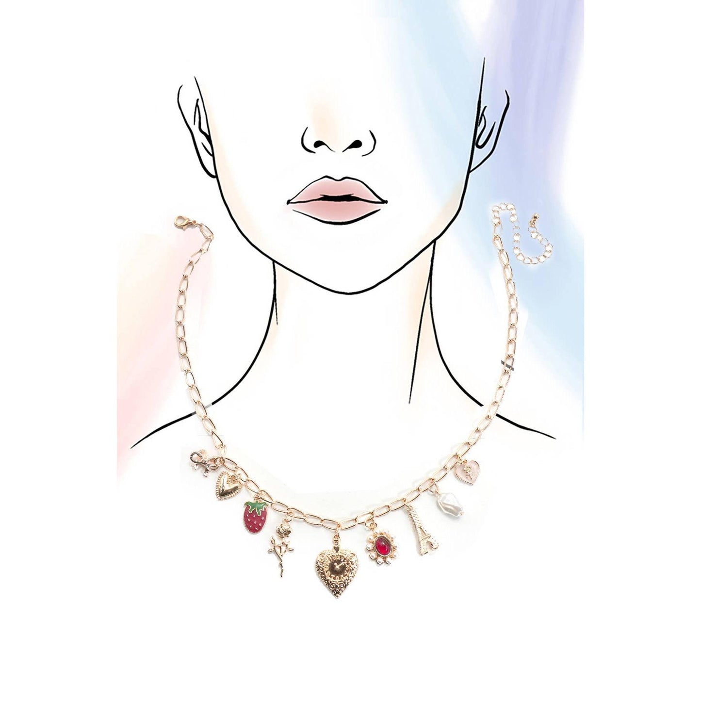 Heart Coquette Bow Rose Strawberry Eiffel Tower Charm Necklace in Gold Plating | 16" Long