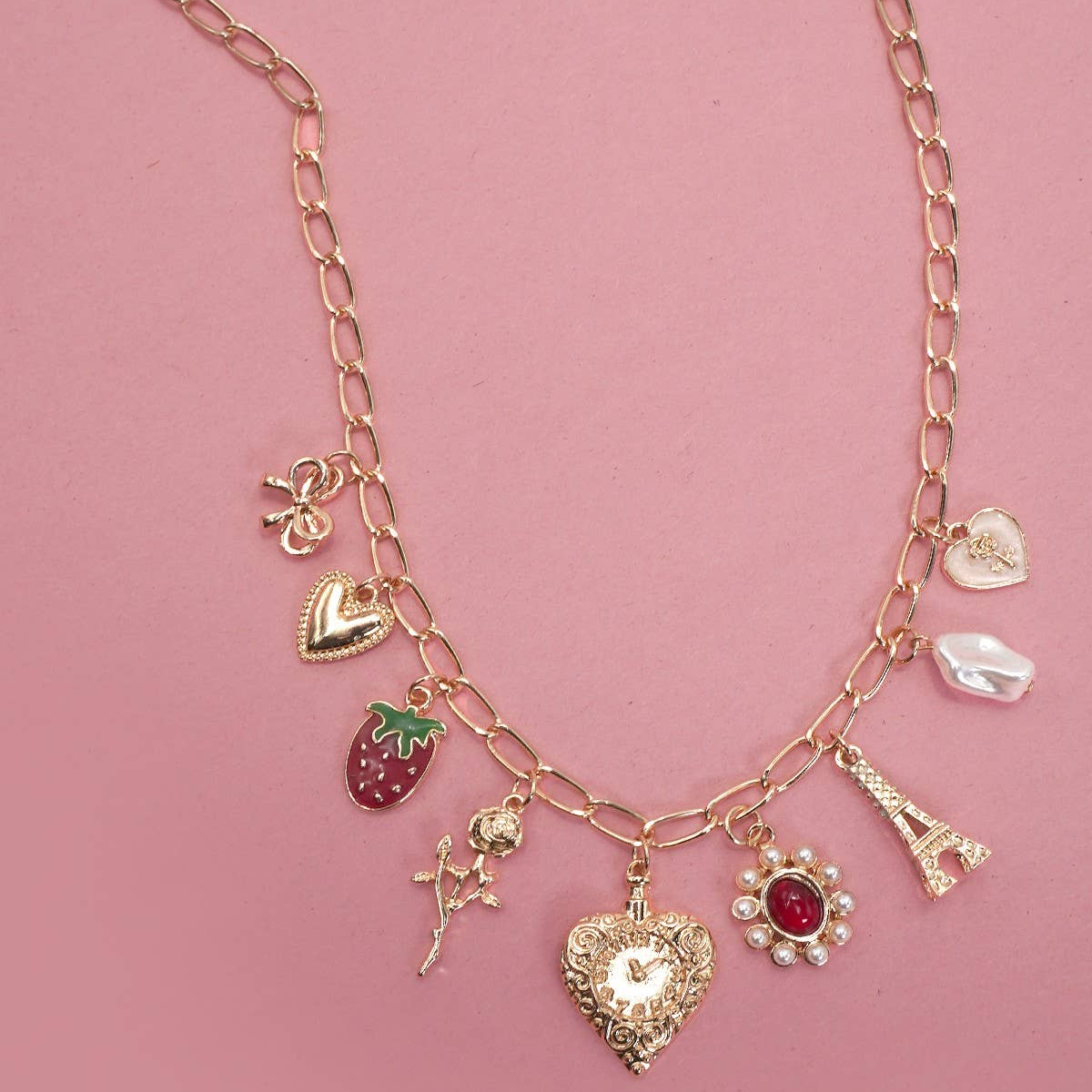 Heart Coquette Bow Rose Strawberry Eiffel Tower Charm Necklace in Gold Plating | 16" Long