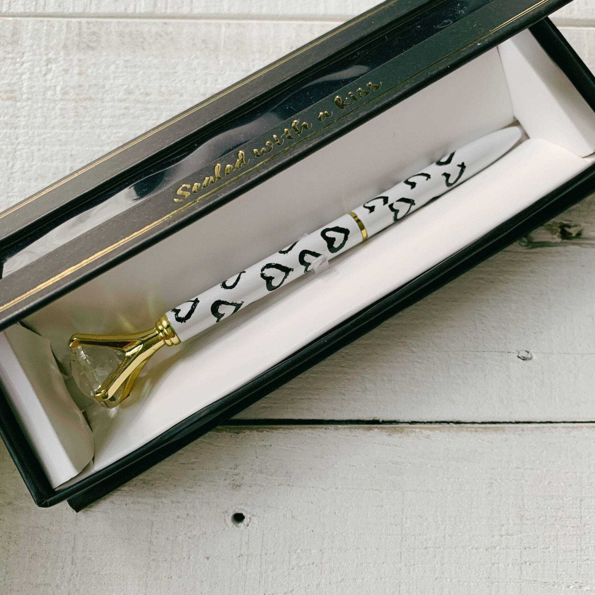 Heart Gem Pen in Gift Box | Jewel-Topped Gift Pen | Box Reads "Sealed with a Kiss"