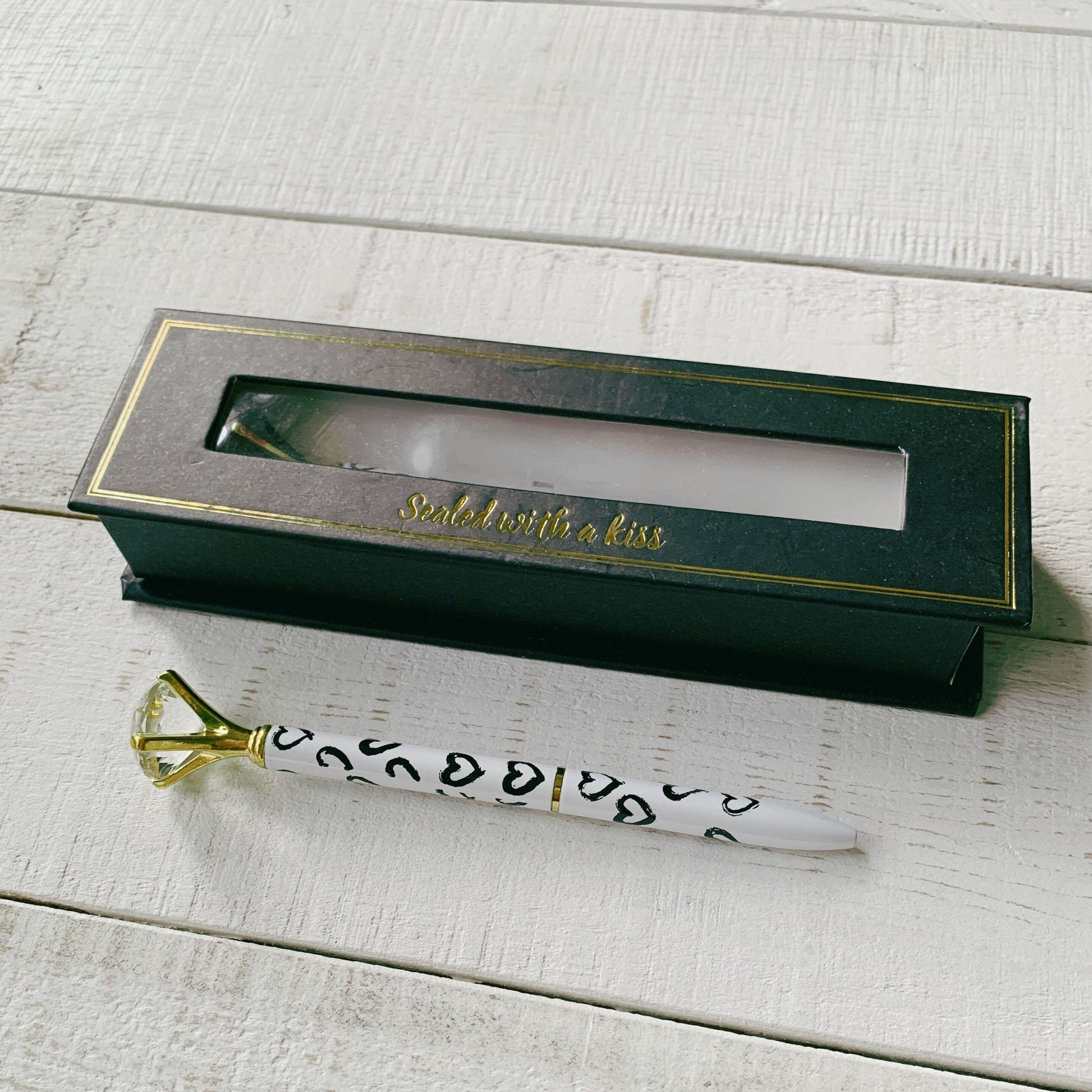 Heart Gem Pen in Gift Box | Jewel-Topped Gift Pen | Box Reads "Sealed with a Kiss"