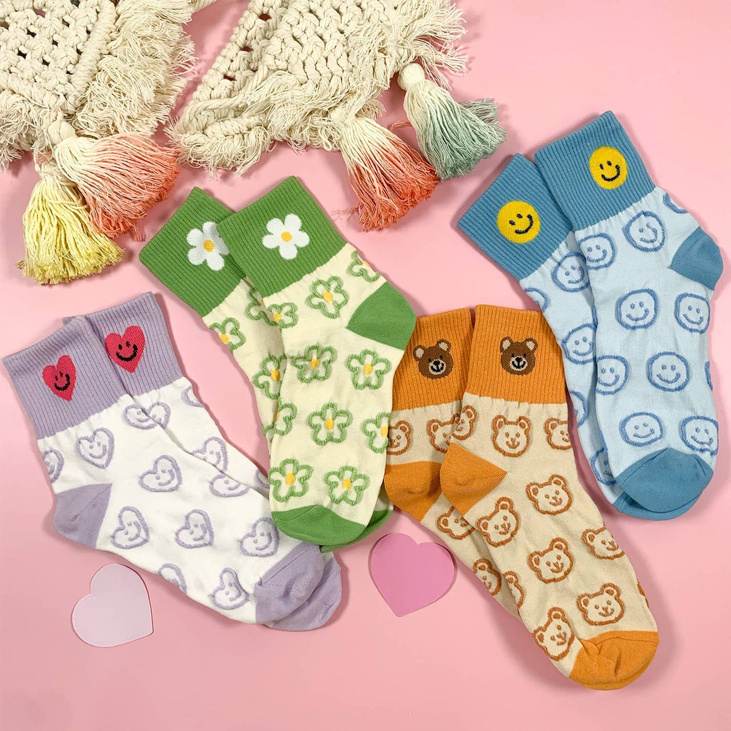 Heart or Smiley Women's Crew Drawing Pattern Socks [Size 5-10]