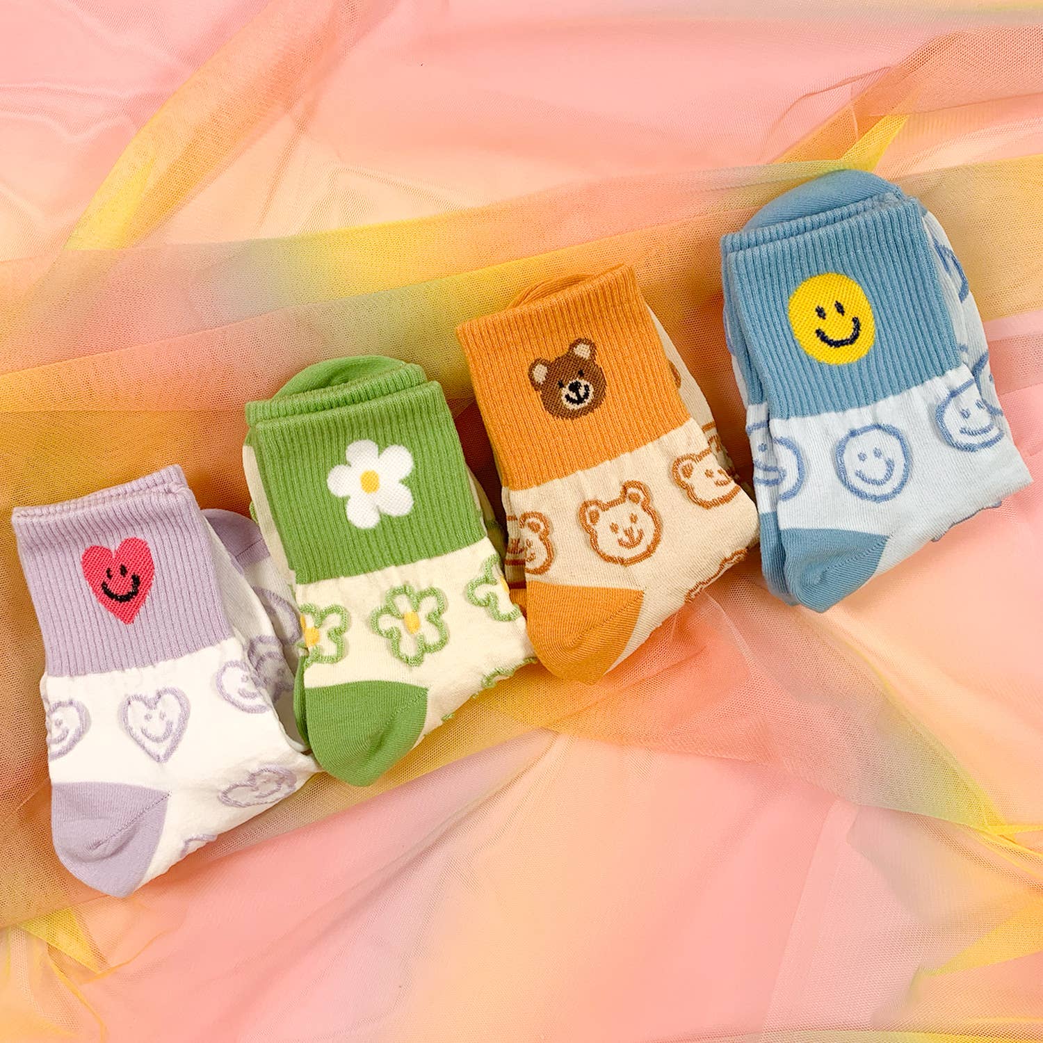 Heart or Smiley Women's Crew Drawing Pattern Socks [Size 5-10]