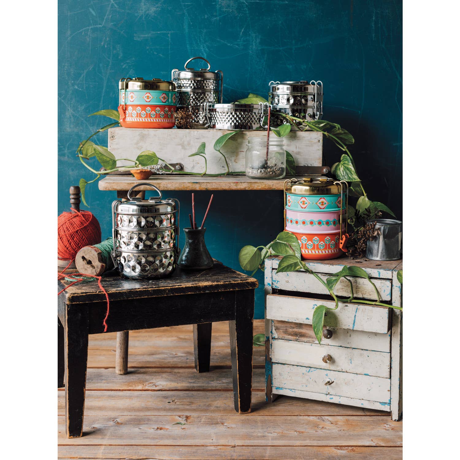 Heirloom Hammered Hexagon 2 Tier Tiffin | Stainless Steel Stack Lunch Box Meal Container