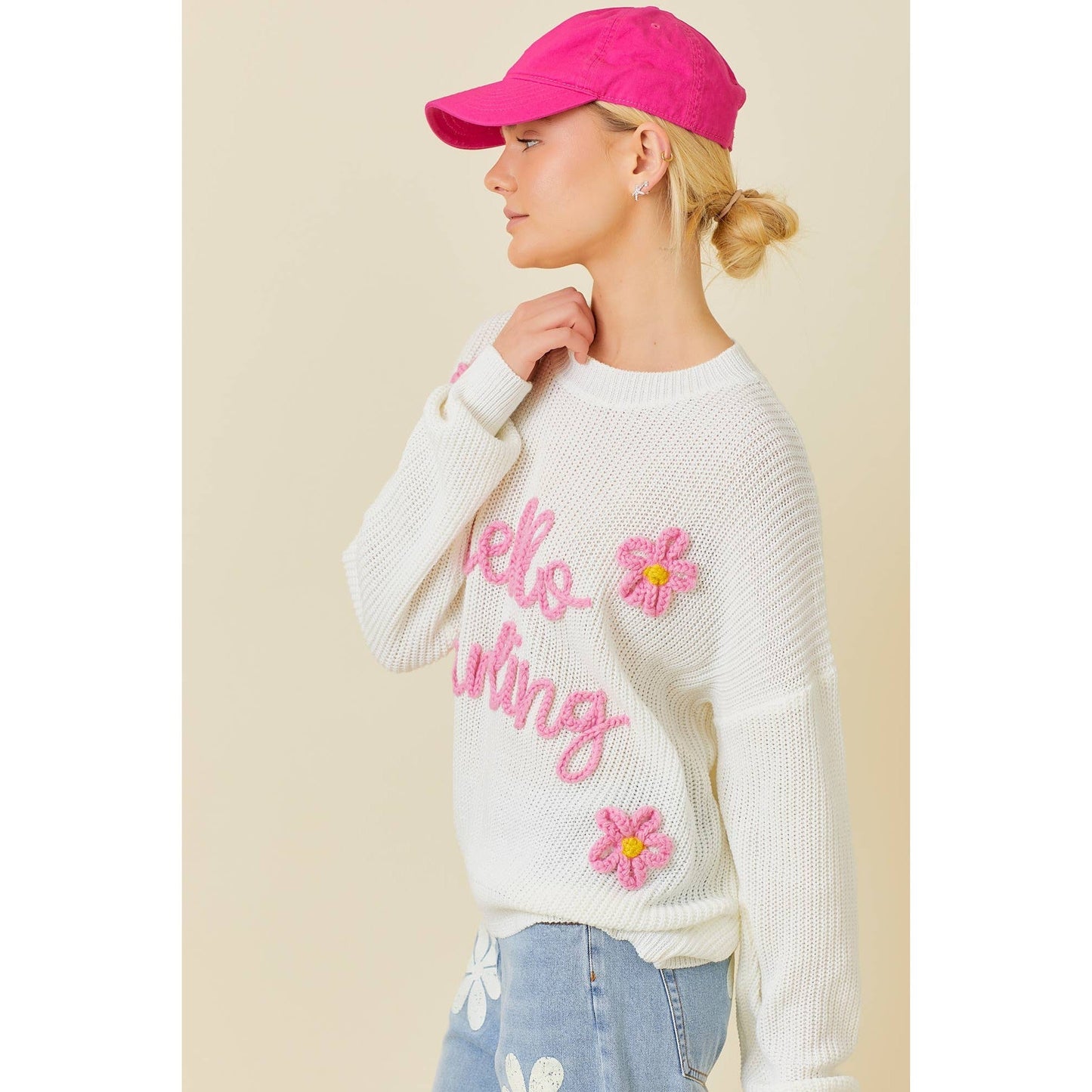 Hello Darling Flower Trim Sweater | Comfy Vintage Knit Sweatshirt [Sizes SM-L]