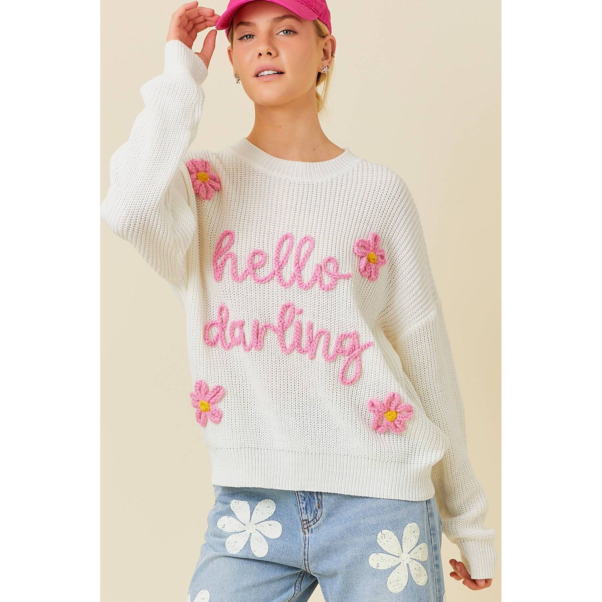 Hello Darling Flower Trim Sweater | Comfy Vintage Knit Sweatshirt [Sizes SM-L]