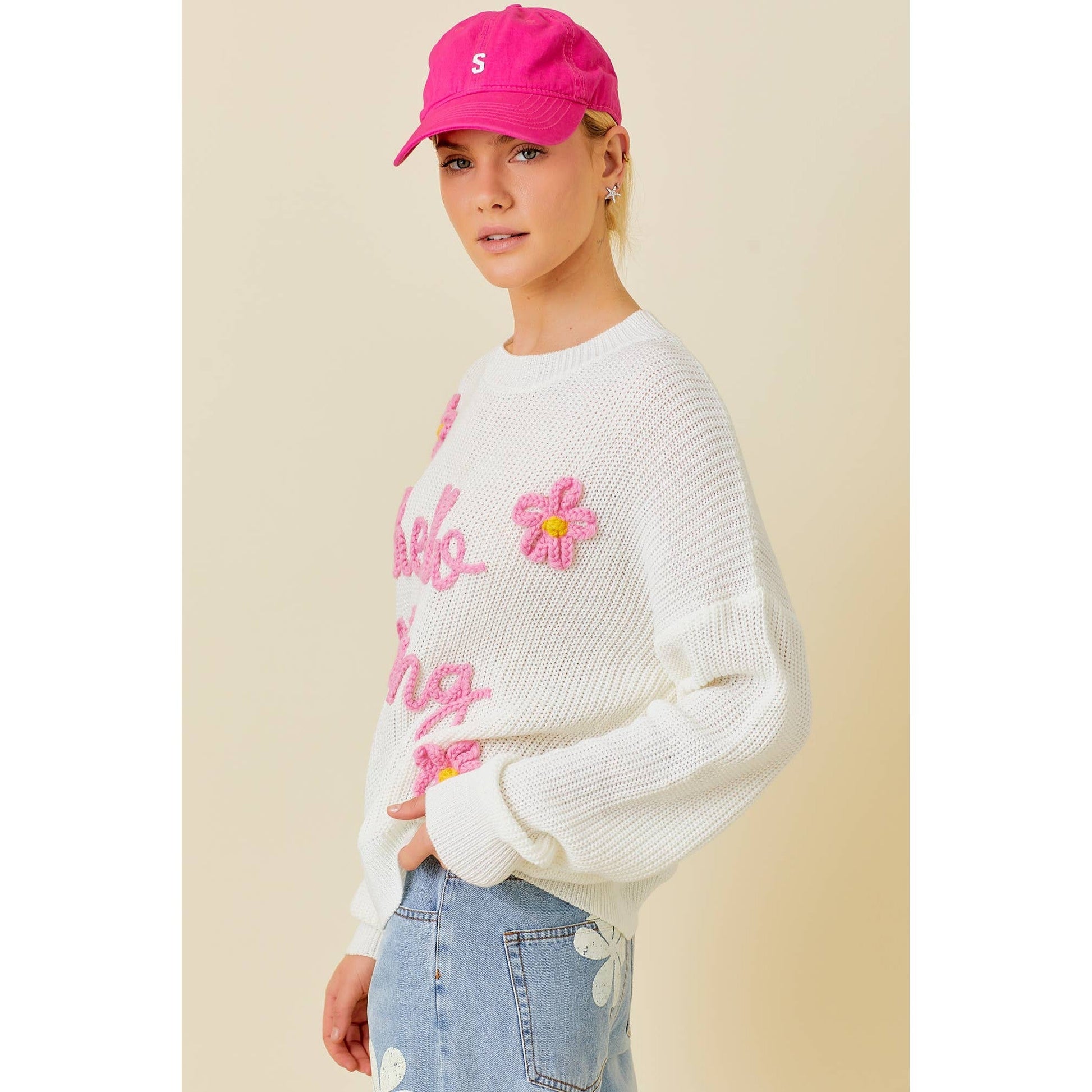 Hello Darling Flower Trim Sweater | Comfy Vintage Knit Sweatshirt [Sizes SM-L]