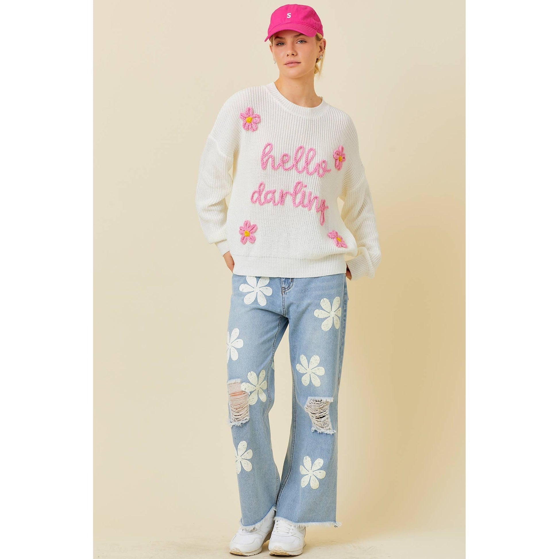 Hello Darling Flower Trim Sweater | Comfy Vintage Knit Sweatshirt [Sizes SM-L]