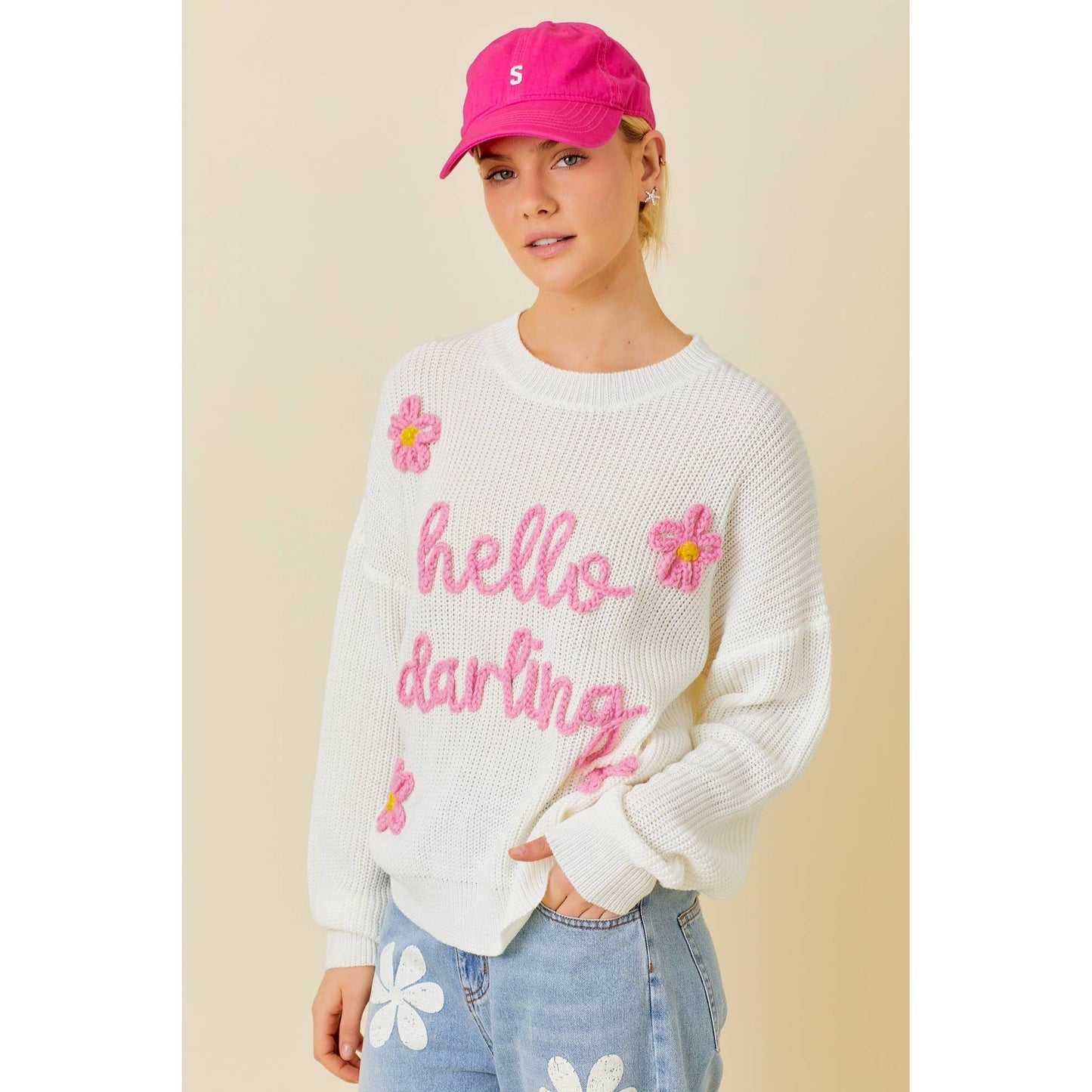 Hello Darling Flower Trim Sweater | Comfy Vintage Knit Sweatshirt [Sizes SM-L]
