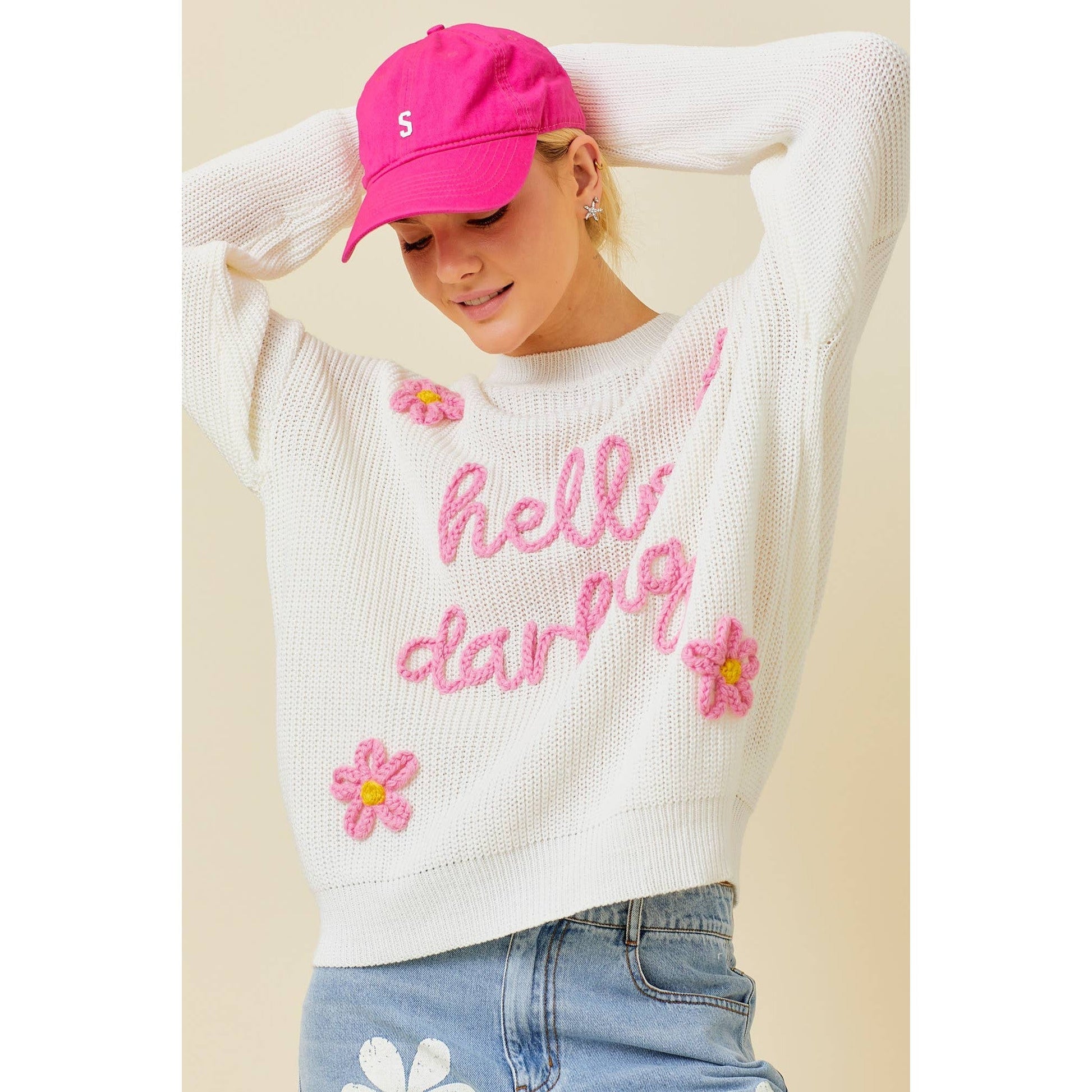 Hello Darling Flower Trim Sweater | Comfy Vintage Knit Sweatshirt [Sizes SM-L]