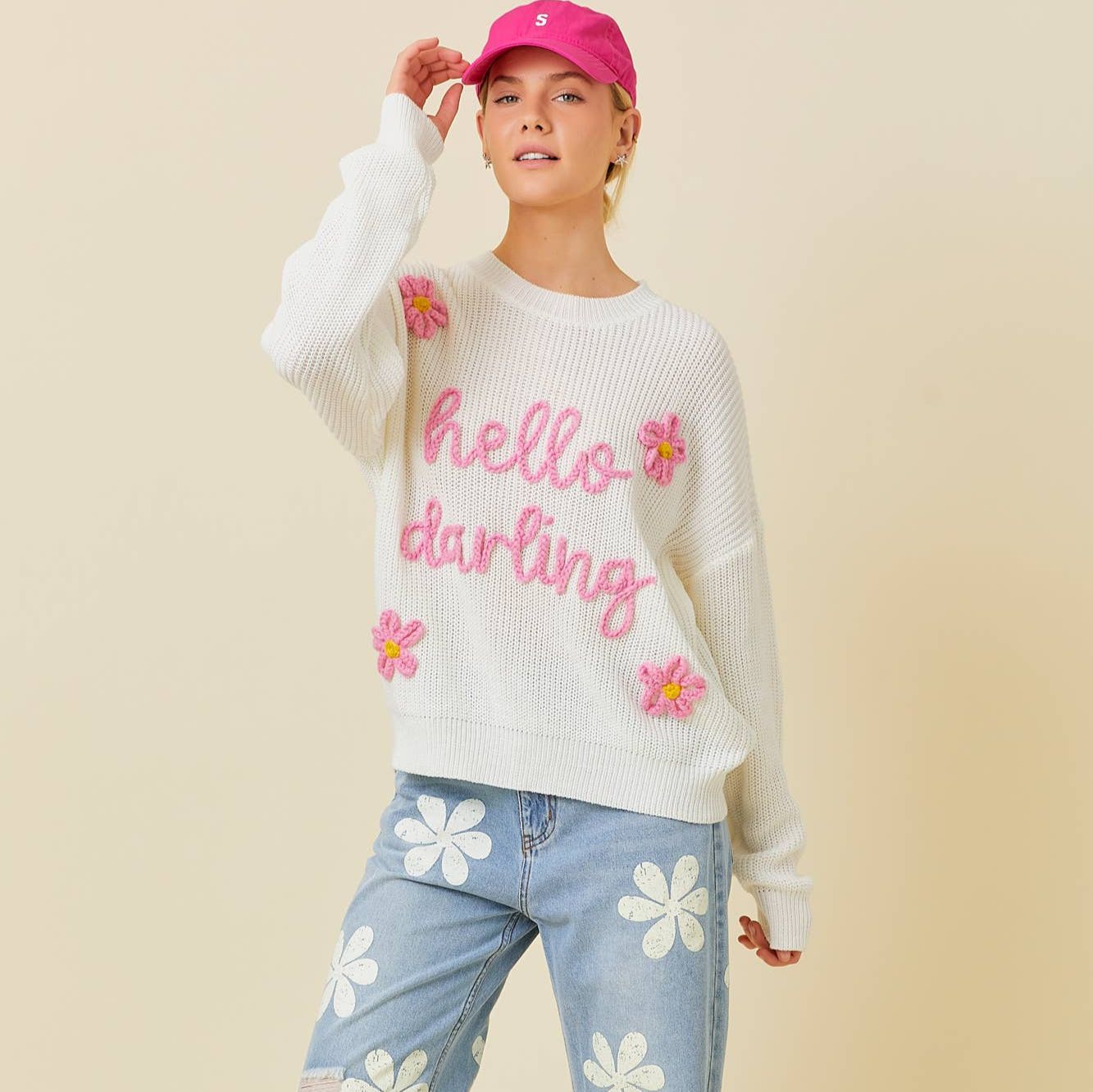 Hello Darling Flower Trim Sweater | Comfy Vintage Knit Sweatshirt [Sizes SM-L]
