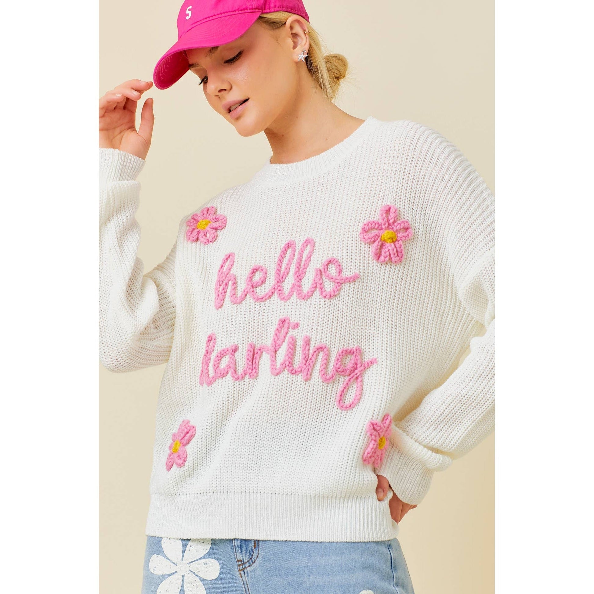 Hello Darling Flower Trim Sweater | Comfy Vintage Knit Sweatshirt [Sizes SM-L]