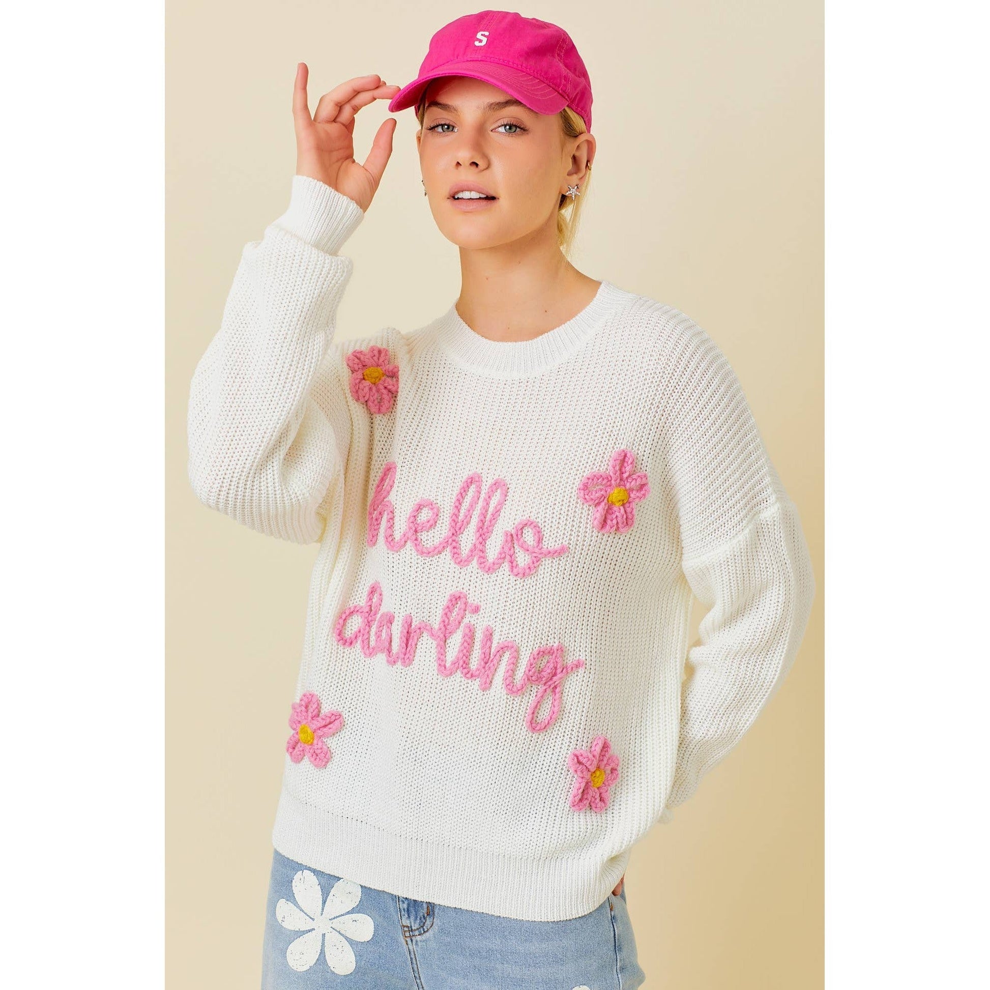 Hello Darling Flower Trim Sweater | Comfy Vintage Knit Sweatshirt [Sizes SM-L]