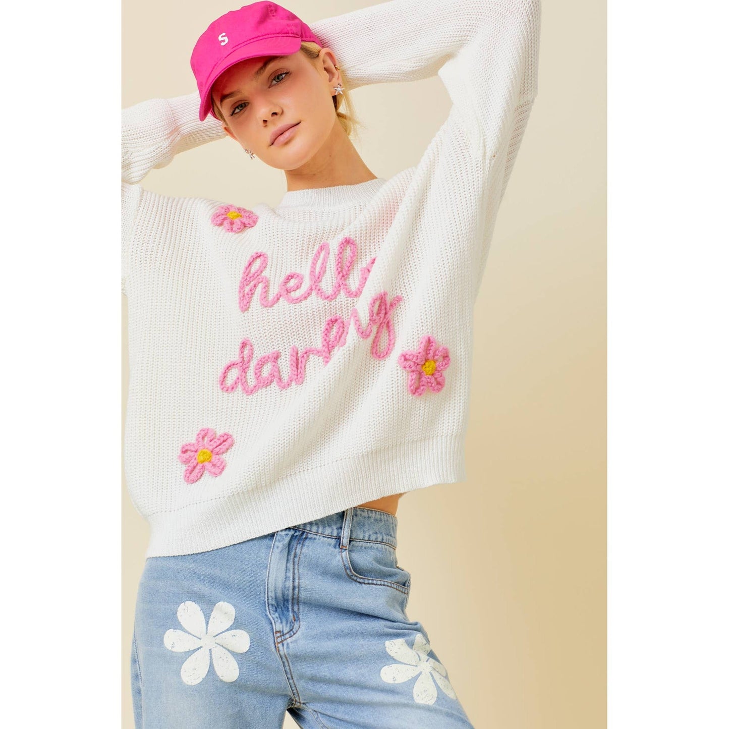 Hello Darling Flower Trim Sweater | Comfy Vintage Knit Sweatshirt [Sizes SM-L]